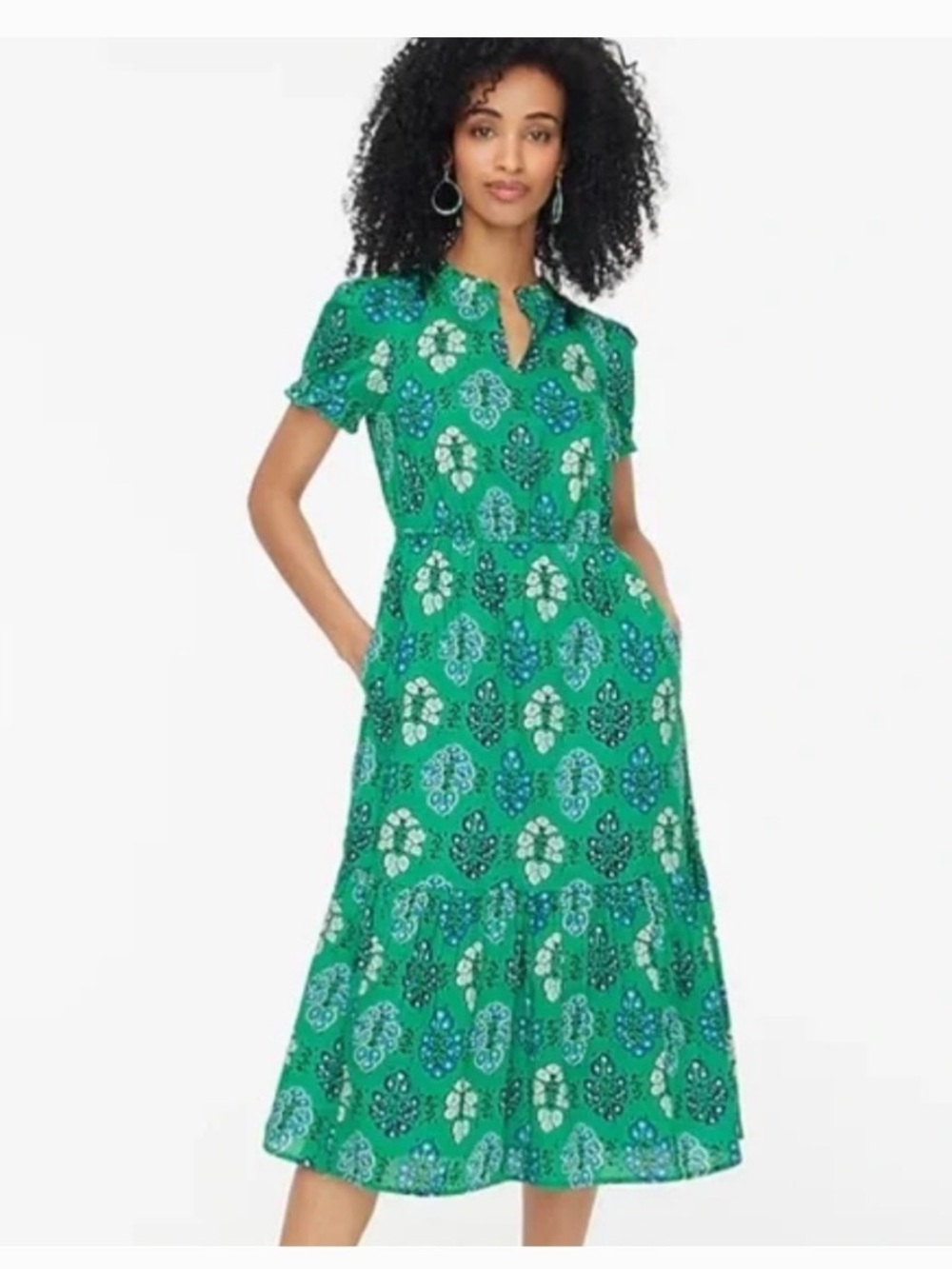 J. Crew Green Floral-Print Midi Dress with Blue and White Accents
